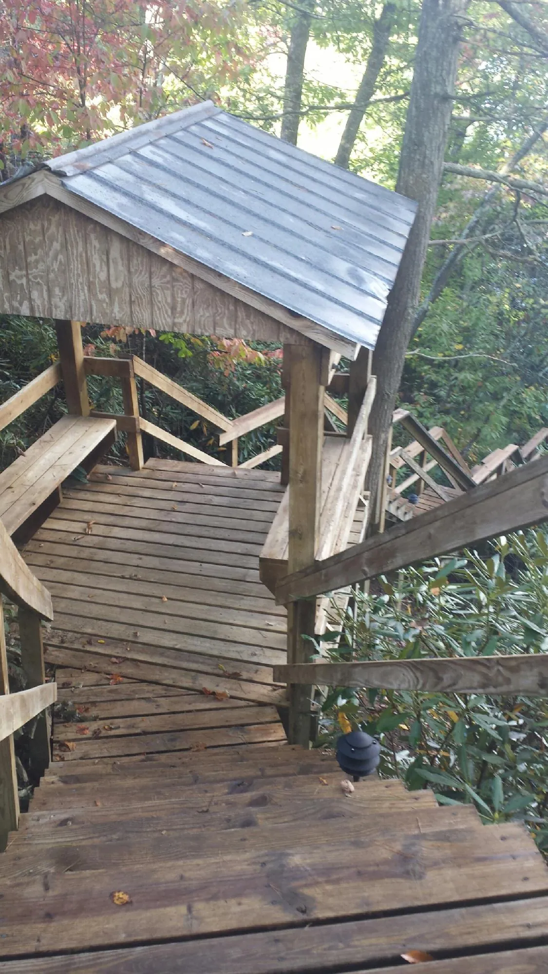 Metal roofed shelter over wooden steps on a wooded walkway — Skylight Repair & Installation work by our crew in Parkersburg